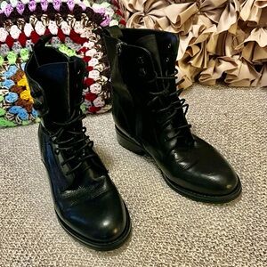Coupe De Foundre Black Leather Lace-Up Zipper Moto Combat Boots